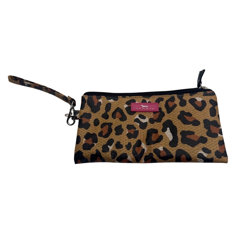 SCOUT Kate Wristlet Leopard Print Tan Brown Zip Pouch Detachable Strap 8x4"